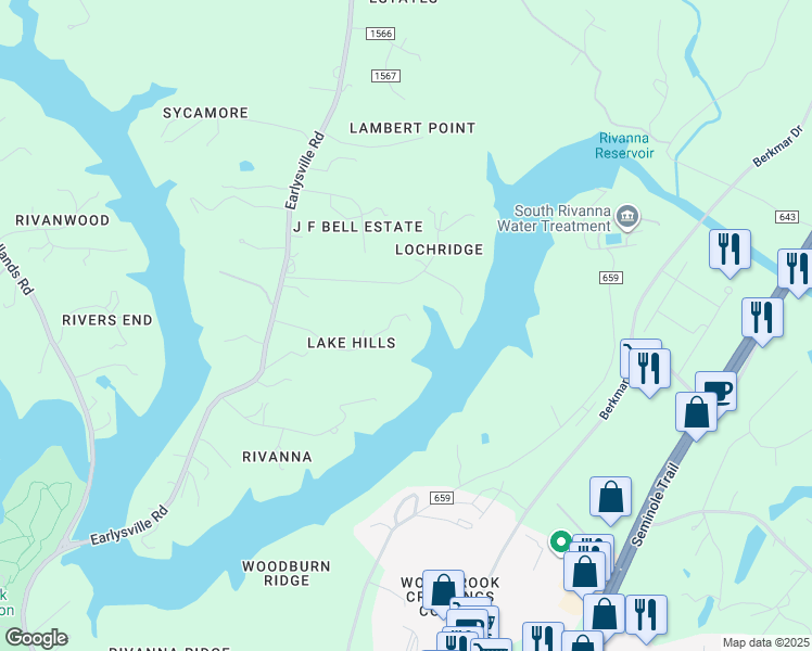 map of restaurants, bars, coffee shops, grocery stores, and more near 580 Milford Road in Earlysville