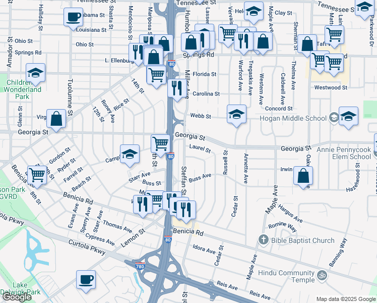 map of restaurants, bars, coffee shops, grocery stores, and more near 760 Laurel Street in Vallejo