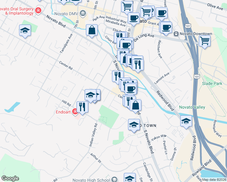 map of restaurants, bars, coffee shops, grocery stores, and more near 1556 Center Road in Novato