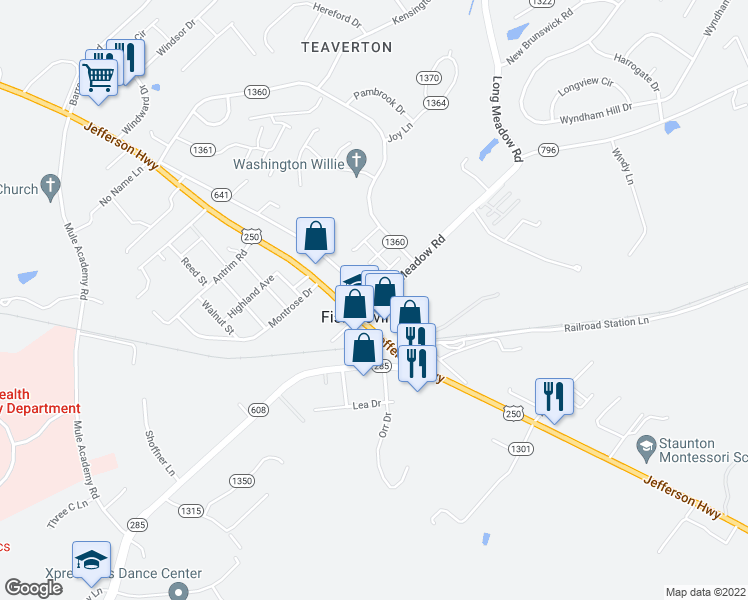 map of restaurants, bars, coffee shops, grocery stores, and more near 0 Fishersville Road in Fishersville