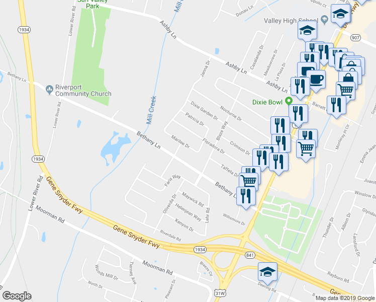 map of restaurants, bars, coffee shops, grocery stores, and more near 2006 Marilee Drive in Louisville