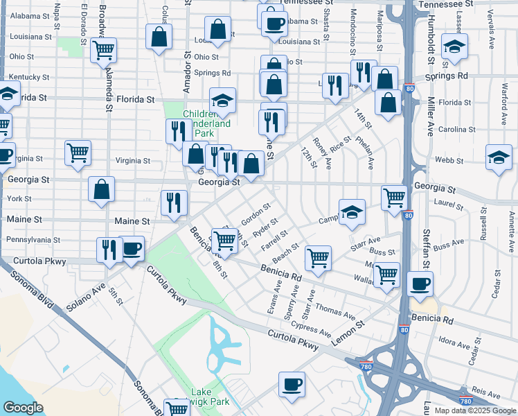 map of restaurants, bars, coffee shops, grocery stores, and more near 1408 Gordon Street in Vallejo