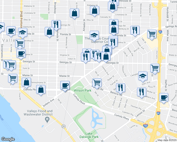 map of restaurants, bars, coffee shops, grocery stores, and more near 1220 York Street in Vallejo
