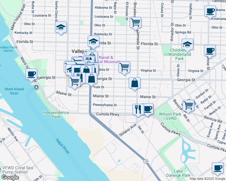 map of restaurants, bars, coffee shops, grocery stores, and more near 520 Napa Street in Vallejo