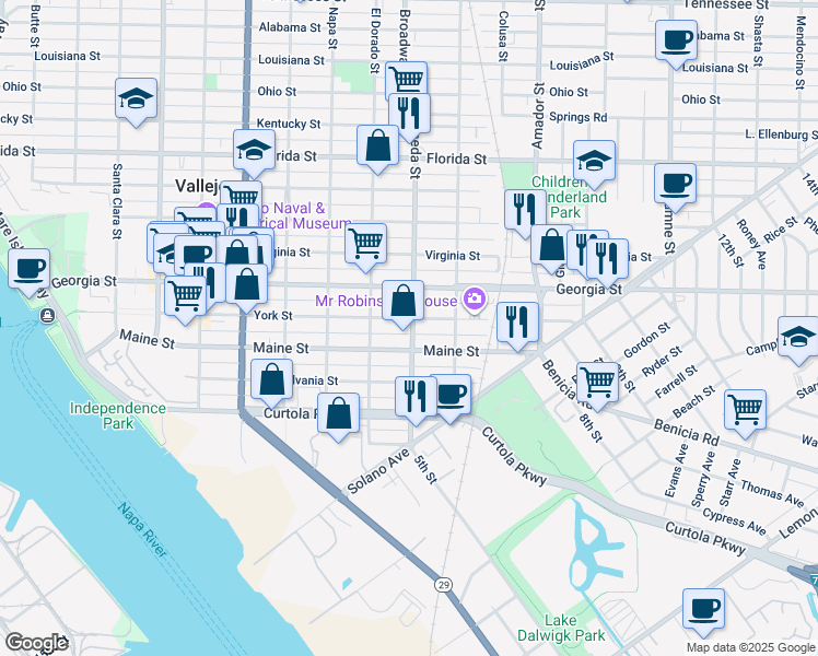 map of restaurants, bars, coffee shops, grocery stores, and more near 323 Alameda Street in Vallejo