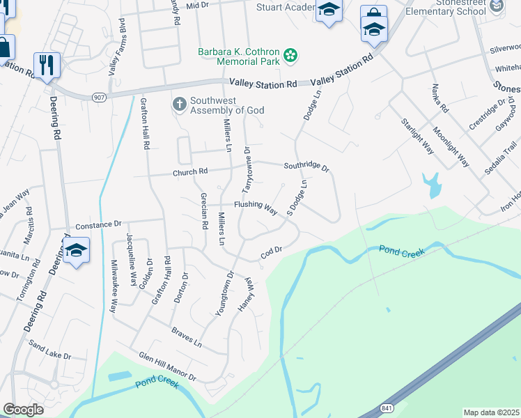 map of restaurants, bars, coffee shops, grocery stores, and more near 4602 Flushing Way in Louisville