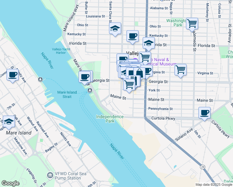 map of restaurants, bars, coffee shops, grocery stores, and more near 303 Sacramento Street in Vallejo
