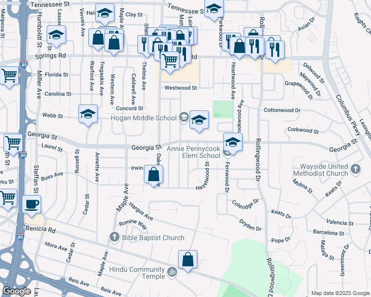 map of restaurants, bars, coffee shops, grocery stores, and more near 3311 Georgia Street in Vallejo