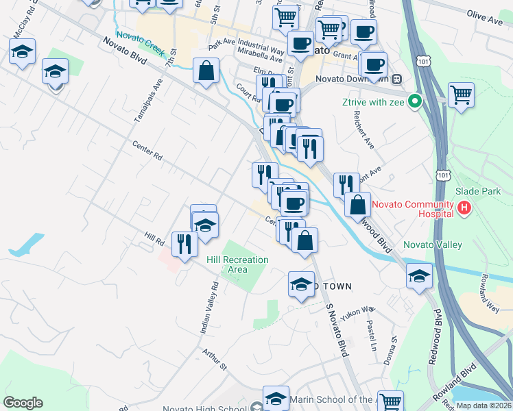 map of restaurants, bars, coffee shops, grocery stores, and more near 1565 South Novato Boulevard in Novato