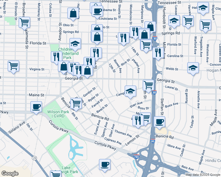 map of restaurants, bars, coffee shops, grocery stores, and more near 126 Gleason Avenue in Vallejo