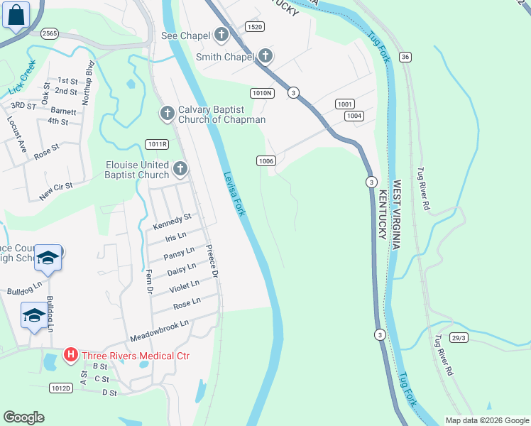 map of restaurants, bars, coffee shops, grocery stores, and more near Old River Road in Louisa