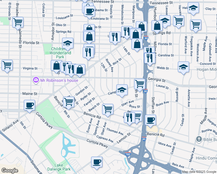 map of restaurants, bars, coffee shops, grocery stores, and more near 130 12th Street in Vallejo