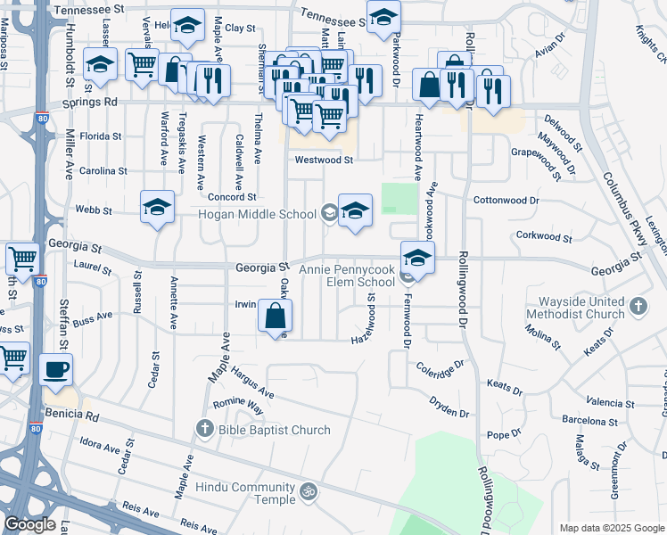 map of restaurants, bars, coffee shops, grocery stores, and more near 3311 Georgia Street in Vallejo