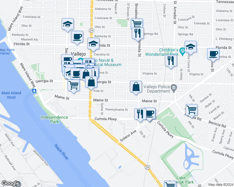 map of restaurants, bars, coffee shops, grocery stores, and more near 520 Napa Street in Vallejo