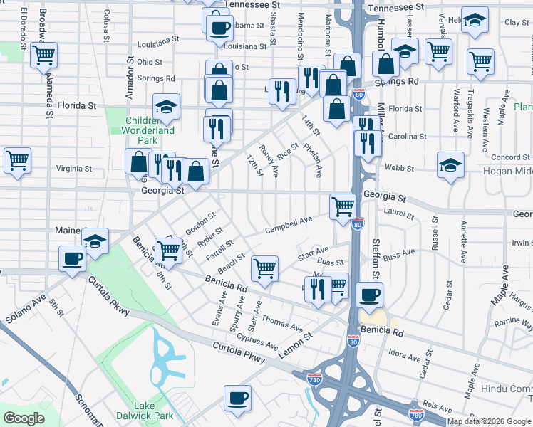 map of restaurants, bars, coffee shops, grocery stores, and more near 130 12th Street in Vallejo