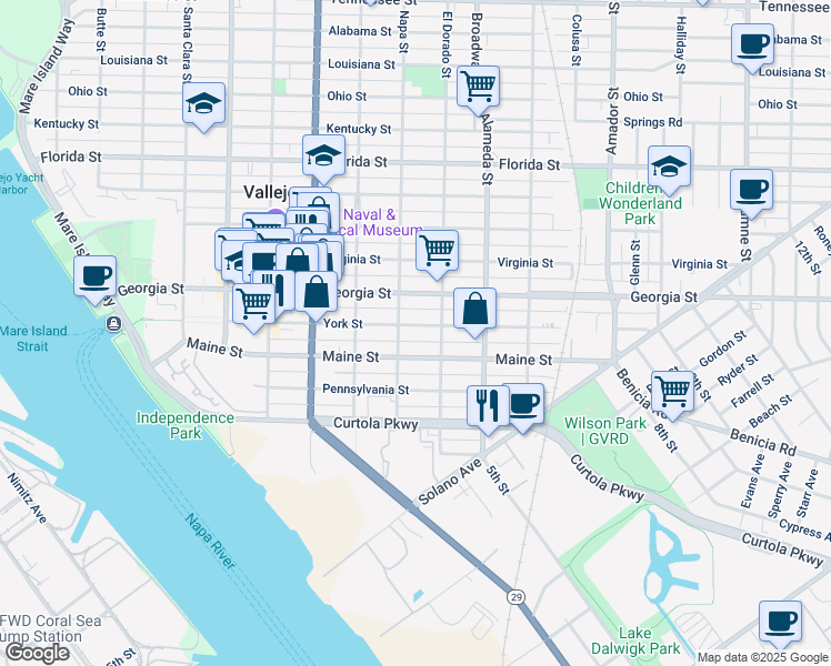 map of restaurants, bars, coffee shops, grocery stores, and more near 715 York Street in Vallejo