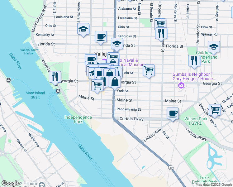 map of restaurants, bars, coffee shops, grocery stores, and more near 509 York Street in Vallejo