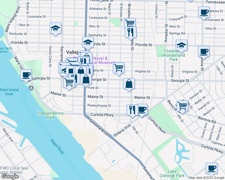 map of restaurants, bars, coffee shops, grocery stores, and more near 713 York Street in Vallejo