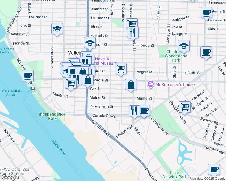 map of restaurants, bars, coffee shops, grocery stores, and more near 520 Napa Street in Vallejo
