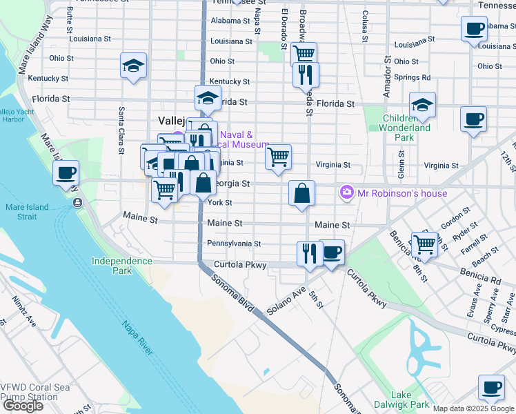 map of restaurants, bars, coffee shops, grocery stores, and more near 520 Napa Street in Vallejo