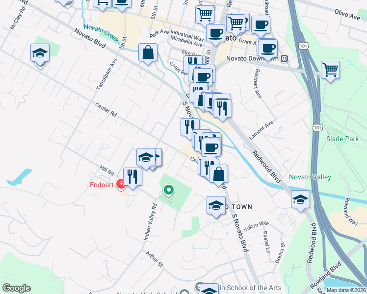 map of restaurants, bars, coffee shops, grocery stores, and more near 1556 Center Road in Novato