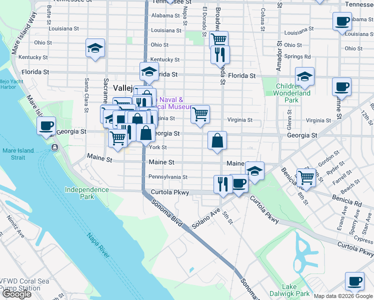 map of restaurants, bars, coffee shops, grocery stores, and more near 520 Napa Street in Vallejo