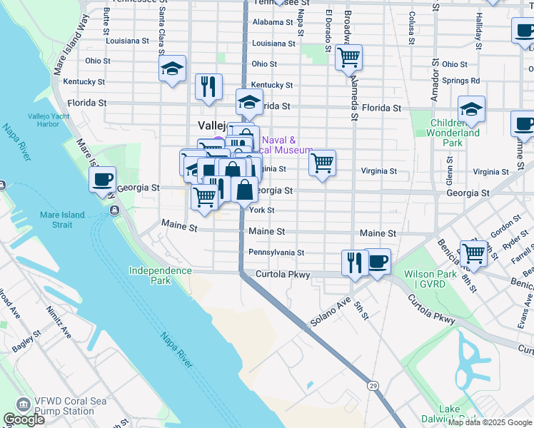 map of restaurants, bars, coffee shops, grocery stores, and more near 607 York Street in Vallejo