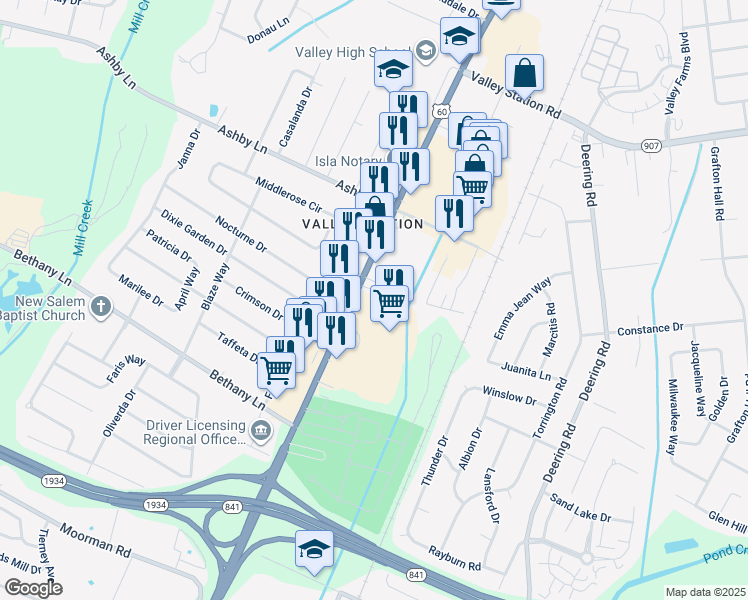 map of restaurants, bars, coffee shops, grocery stores, and more near 10615 Dixie Highway in Louisville