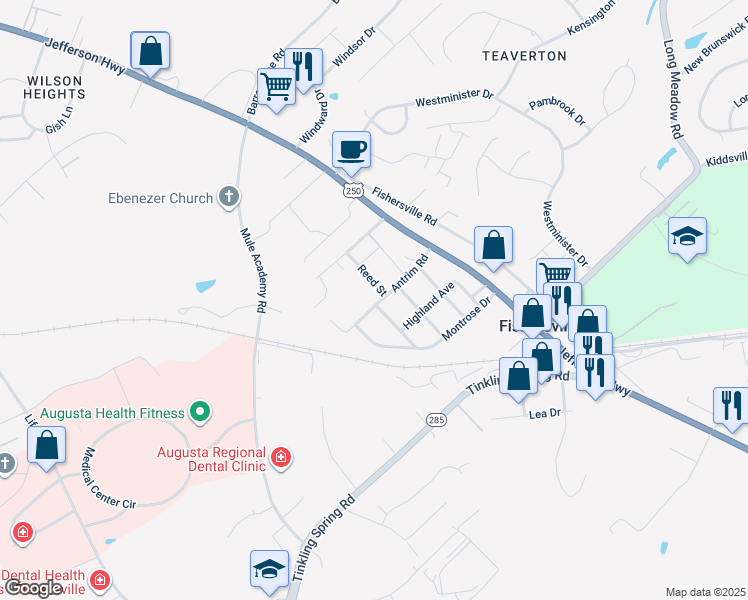 map of restaurants, bars, coffee shops, grocery stores, and more near 75 Antrim Road in Fishersville