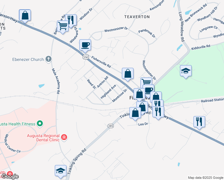 map of restaurants, bars, coffee shops, grocery stores, and more near 39 Oak Street in Fishersville