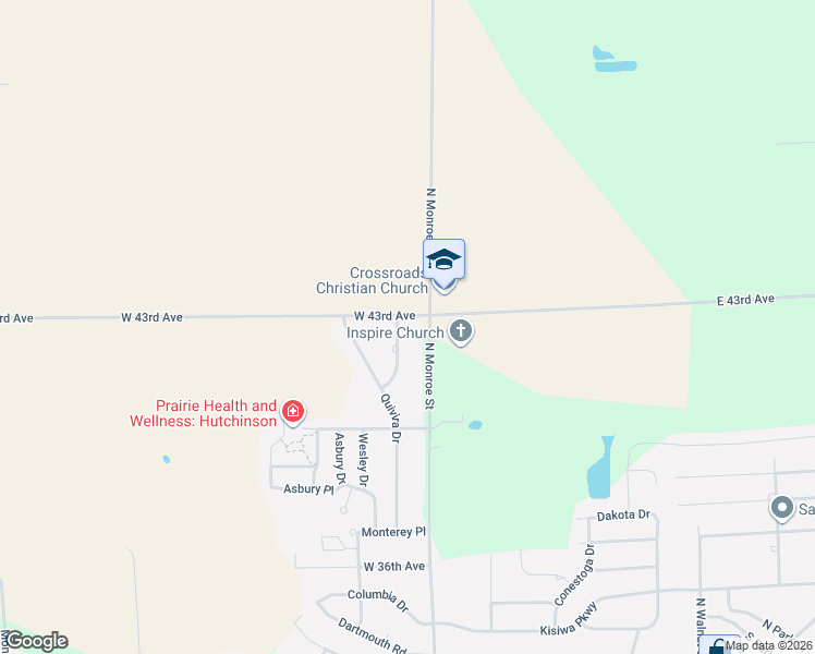 map of restaurants, bars, coffee shops, grocery stores, and more near 13 Paseo Place in Hutchinson