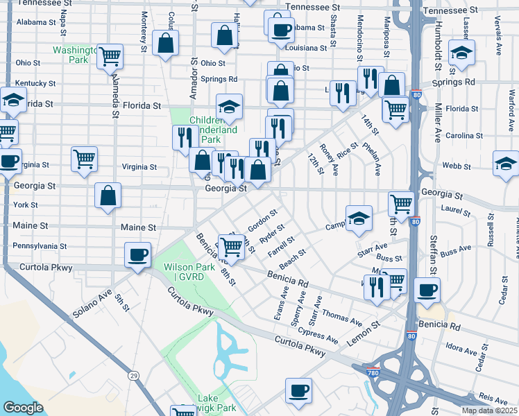 map of restaurants, bars, coffee shops, grocery stores, and more near 1509 Rice Street in Vallejo