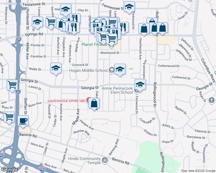 map of restaurants, bars, coffee shops, grocery stores, and more near 3205 Georgia Street in Vallejo