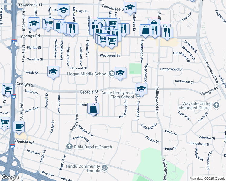 map of restaurants, bars, coffee shops, grocery stores, and more near 3311 Georgia Street in Vallejo