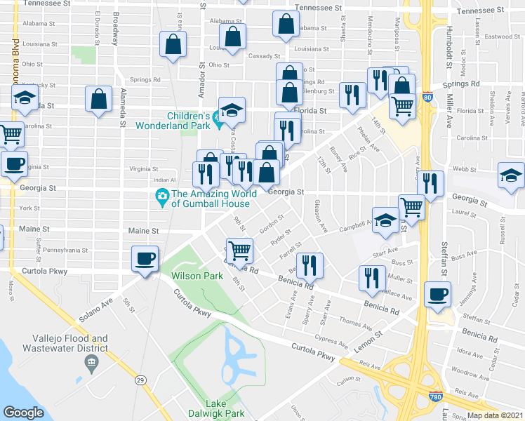 map of restaurants, bars, coffee shops, grocery stores, and more near Rice St & Central Ave in Vallejo