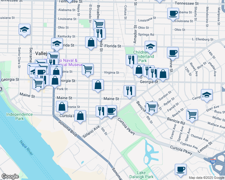 map of restaurants, bars, coffee shops, grocery stores, and more near Monterey Street & York Street in Vallejo