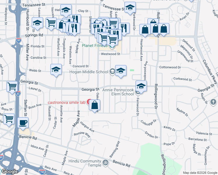 map of restaurants, bars, coffee shops, grocery stores, and more near 3205 Georgia Street in Vallejo