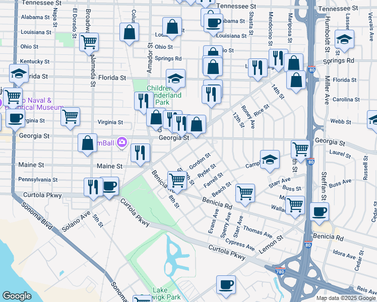 map of restaurants, bars, coffee shops, grocery stores, and more near 1509 Rice Street in Vallejo
