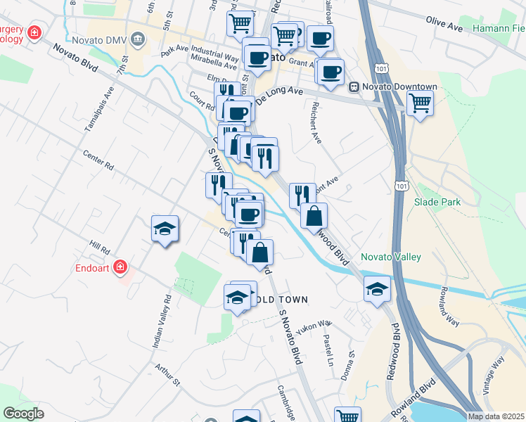 map of restaurants, bars, coffee shops, grocery stores, and more near in Novato
