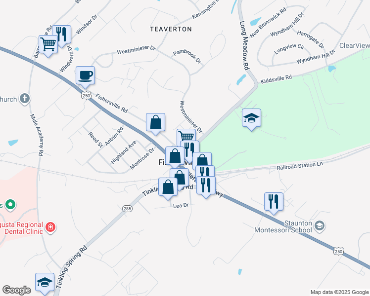 map of restaurants, bars, coffee shops, grocery stores, and more near 224 Fishersville Road in Fishersville