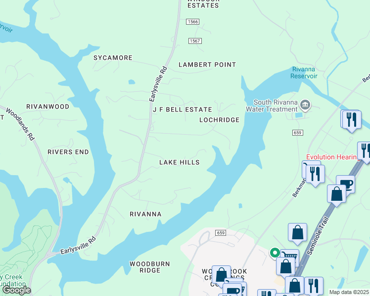 map of restaurants, bars, coffee shops, grocery stores, and more near 560 County Road 1560 in Albemarle