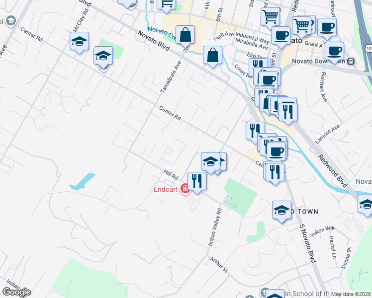 map of restaurants, bars, coffee shops, grocery stores, and more near 734 Bradley Avenue in Novato