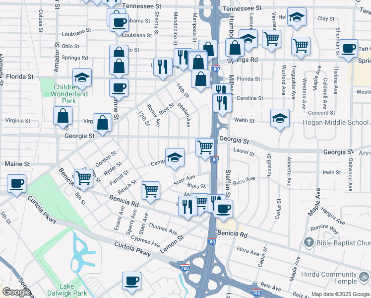 map of restaurants, bars, coffee shops, grocery stores, and more near 111 Phelan Avenue in Vallejo
