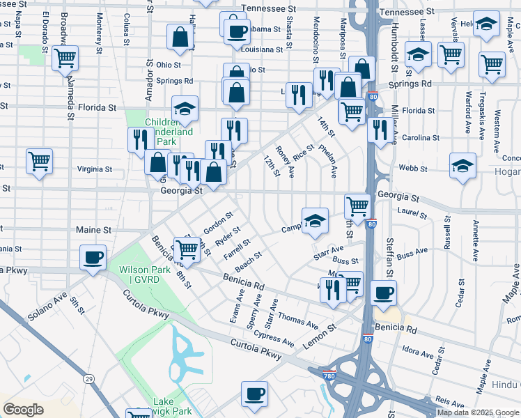 map of restaurants, bars, coffee shops, grocery stores, and more near 135 Gleason Avenue in Vallejo
