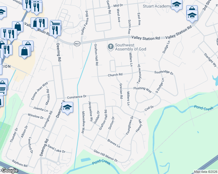 map of restaurants, bars, coffee shops, grocery stores, and more near 4914 Flushing Way in Louisville
