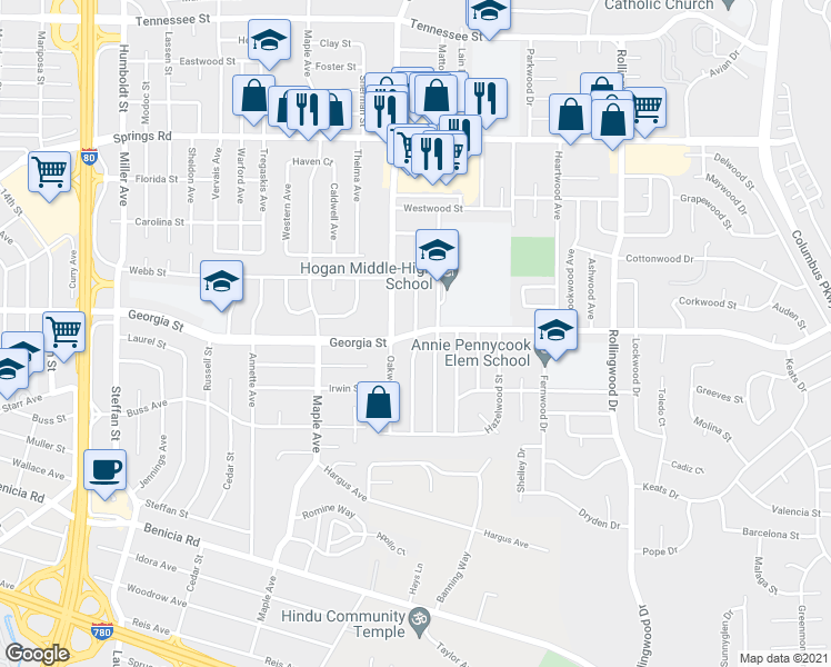 map of restaurants, bars, coffee shops, grocery stores, and more near Georgia St & Beechwood Ave in Vallejo