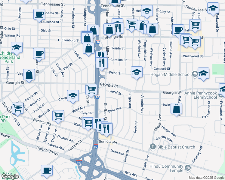 map of restaurants, bars, coffee shops, grocery stores, and more near 760 Laurel Street in Vallejo