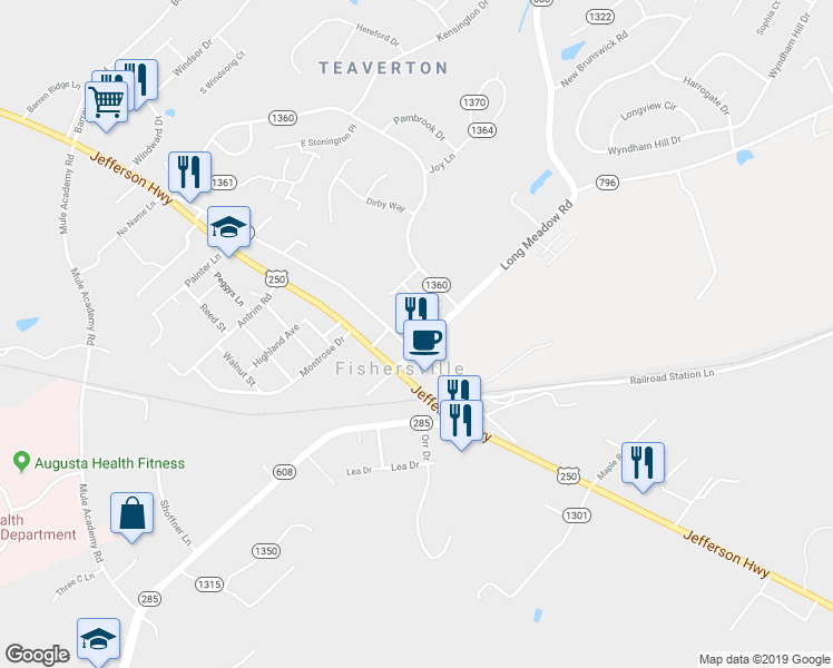 map of restaurants, bars, coffee shops, grocery stores, and more near 224 Fishersville Road in Fishersville