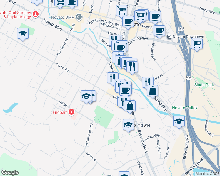 map of restaurants, bars, coffee shops, grocery stores, and more near 1565 South Novato Boulevard in Novato