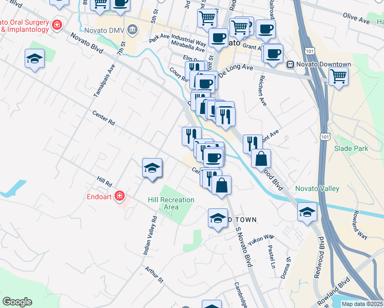map of restaurants, bars, coffee shops, grocery stores, and more near 1565 South Novato Boulevard in Novato